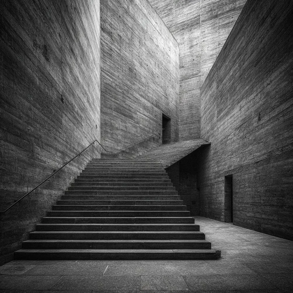 Stone steps rising between tall textured walls
